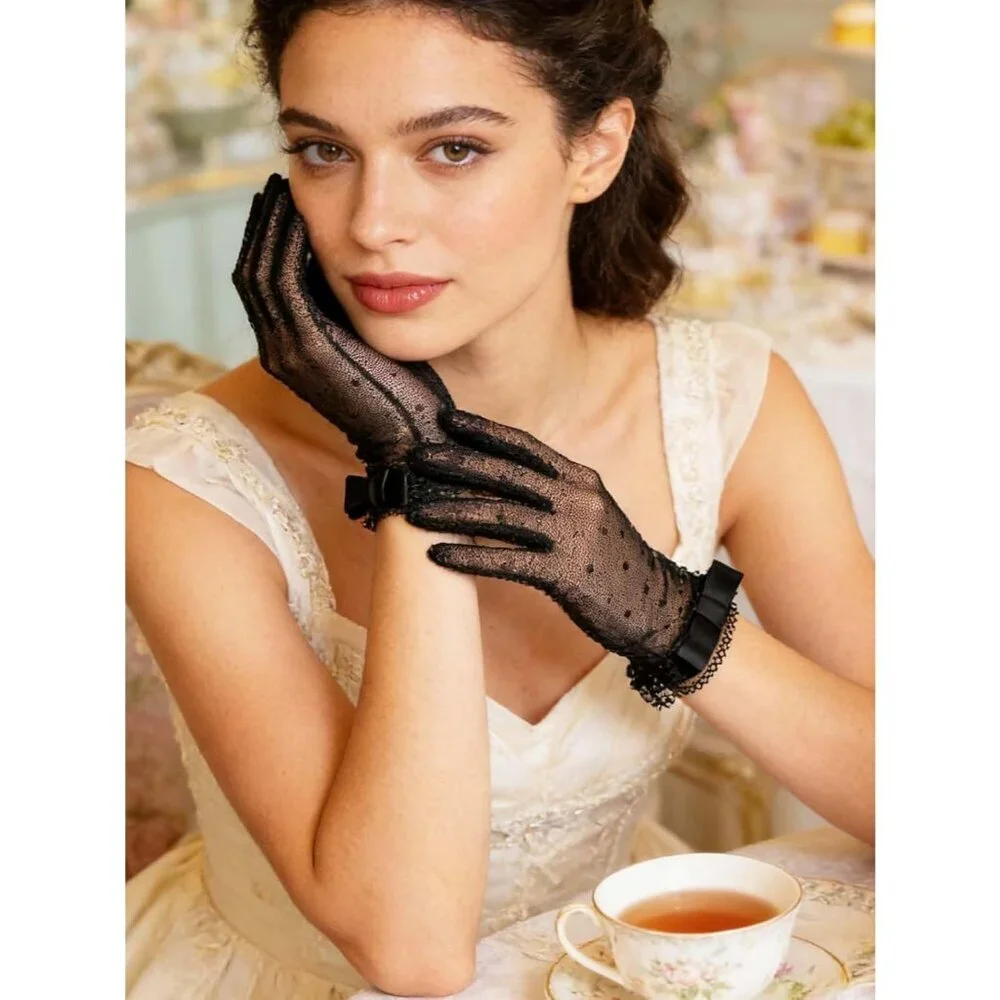 Women's #2 Black Short Floral Evening Sheer Gloves Bridal Wedding Party Tea